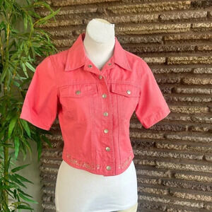 Susan Bristol Coral Pink Embroidered Floral Short Sleeve Jacket  Small Petite